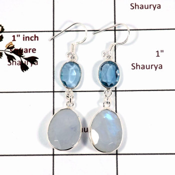 Blue Topaz & Rainbow Moonstone C - BZE718-Stunning Two Stone Handmade Bezel Earrings 925 Sterling S Blue Topaz & Rainbow Moonstone C - BZE718-Stunning Two Stone Handmade Bezel Earrings 925 Sterling S