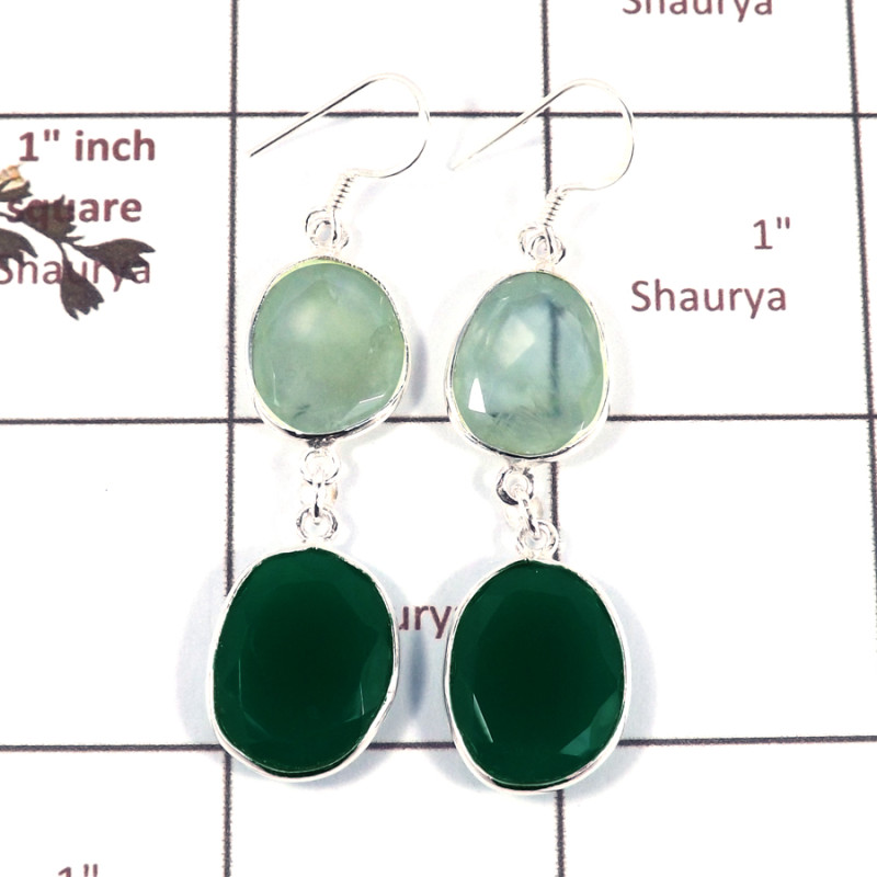 Aqua Chalcedony Cut  & Green Onyx E - BZE718-Stunning Two Stone Handmade Bezel Earrings 925 Sterling S
