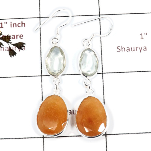 Crystal Quartz & Bio Rutile F - BZE718-Stunning Two Stone Handmade Bezel Earrings 925 Sterling S