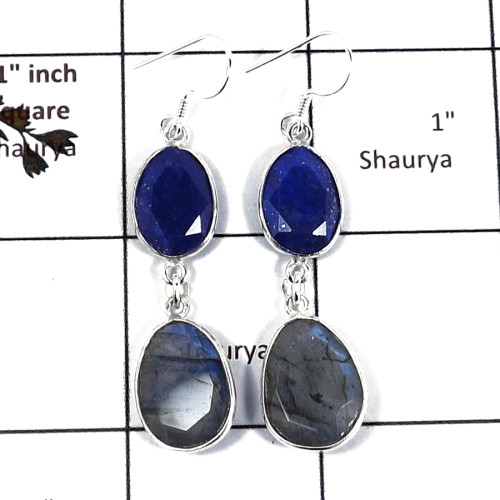 Lapis Lazuli & Labradorite Cut I - BZE718-Stunning Two Stone Handmade Bezel Earrings 925 Sterling S