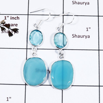Blue Topaz & Blue Chalcedony O - BZE718-Stunning Two Stone Handmade Bezel Earrings 925 Sterling S