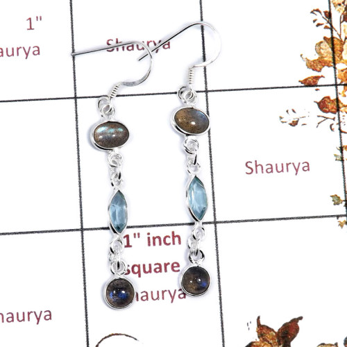 Labradorite Cab & Blue Topaz B - BZE717-Awesome Light Weight Wholesale Bezel Earrings 925 Sterlin