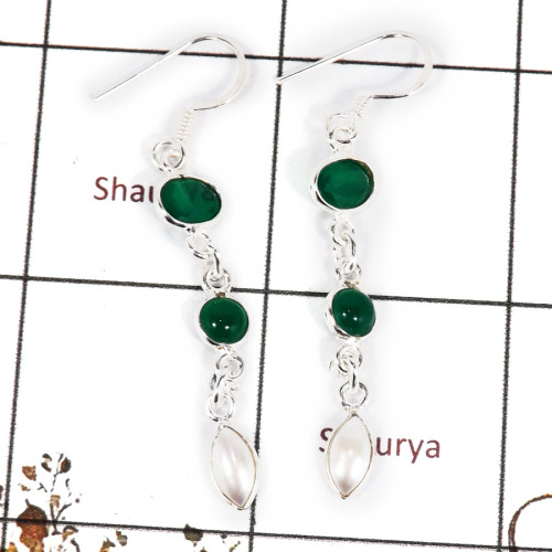 Green Onyx & Pearl F - BZE717-Awesome Light Weight Wholesale Bezel Earrings 925 Sterlin