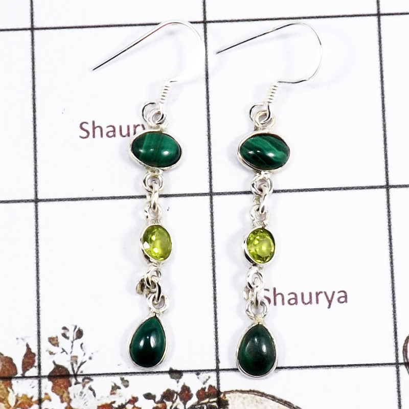 Malachite & Peridot O - BZE717-Awesome Light Weight Wholesale Bezel Earrings 925 Sterlin