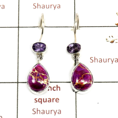 Purple Copper Turquoise & Amethyst Cut A - SPE883-Gorgeous Party Wear 925 Silver Earrings Cab & Cut Gemston