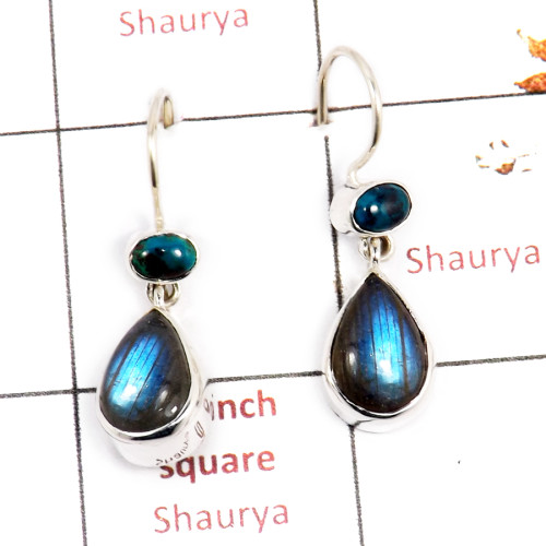 Labradorite & Chrysocolla Cab F - SPE883-Gorgeous Party Wear 925 Silver Earrings Cab & Cut Gemston