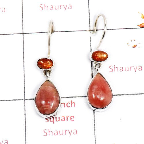 Rhodochrosite & Sunstone Cab H - SPE883-Gorgeous Party Wear 925 Silver Earrings Cab & Cut Gemston