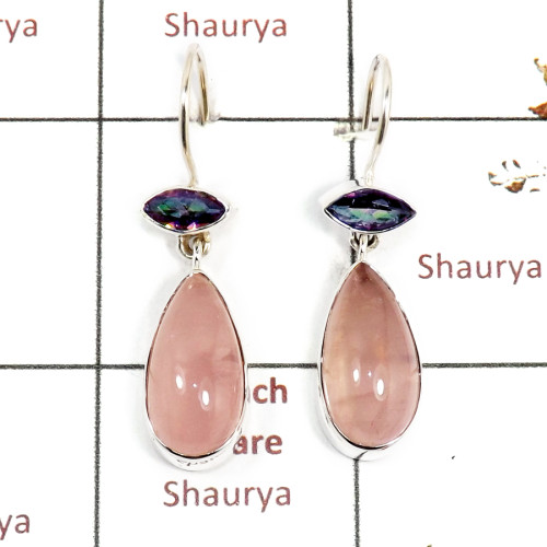 Rose Quartz & Mystic Cut A - SPE882-Solid 925 Sterling Silver Earrings Cab & Cut Gemstone Who