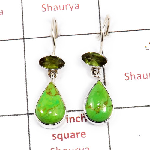 Green turquoise & Peridot Cut B - SPE882-Solid 925 Sterling Silver Earrings Cab & Cut Gemstone Who