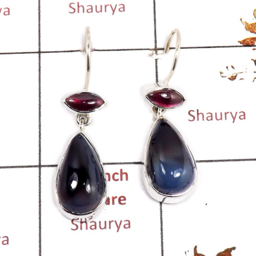 Banded Onyx & Garnet Cab E - SPE882-Solid 925 Sterling Silver Earrings Cab & Cut Gemstone Who