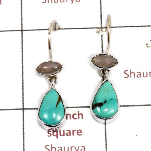 Tibet Turquoise & Rose Quartz Cab F - SPE882-Solid 925 Sterling Silver Earrings Cab & Cut Gemstone Who