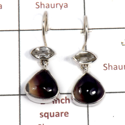 Banded Onyx & Crystal Cut I - SPE882-Solid 925 Sterling Silver Earrings Cab & Cut Gemstone Who