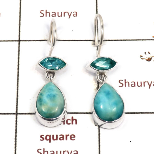 Larimar & Blue Topaz Cut O - SPE882-Solid 925 Sterling Silver Earrings Cab & Cut Gemstone Who