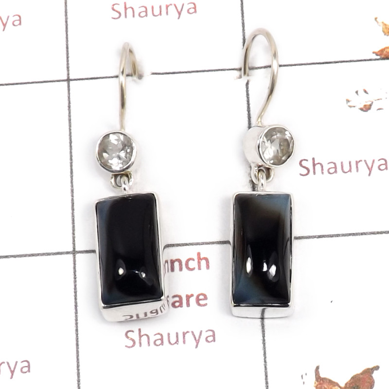 Banded Onyx & Crystal Cut E - SPE881-Amazing Design 925 Sterling Silver Earrings Cut & Cab Gem
