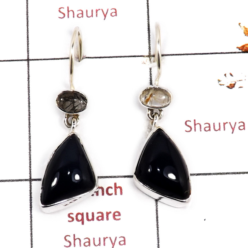 Banded Onyx & Black Rutile Cab H - SPE881-Amazing Design 925 Sterling Silver Earrings Cut & Cab Gem