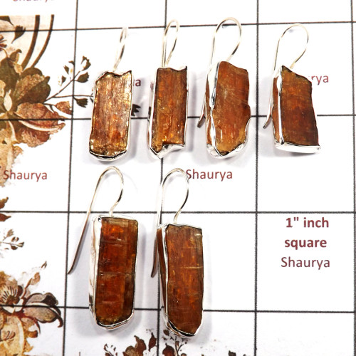 3 Pairs Orange Kyanite Rough B - SPE877-925 Silver Earrings Orange Kyanite Rough Gemstone Indian