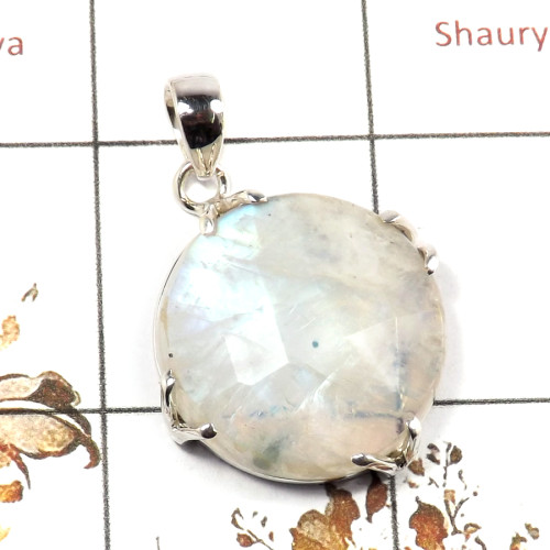 Rainbow Moonstone Cut A - SPS905-Stunning 925 Silver Prong Setting Pendant Cut Rainbow Moo