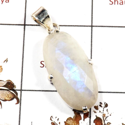 Rainbow Moonstone Cut C - SPS905-Stunning 925 Silver Prong Setting Pendant Cut Rainbow Moo