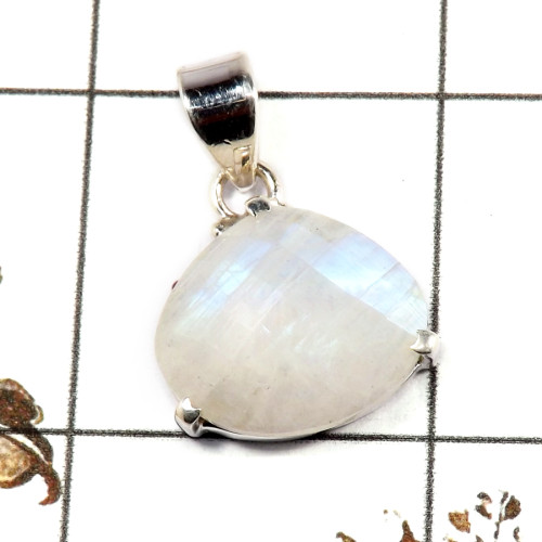 Rainbow Moonstone Cut F - SPS905-Stunning 925 Silver Prong Setting Pendant Cut Rainbow Moo