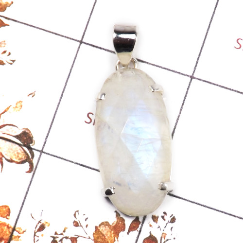 Rainbow Moonstone Cut H - SPS905-Stunning 925 Silver Prong Setting Pendant Cut Rainbow Moo