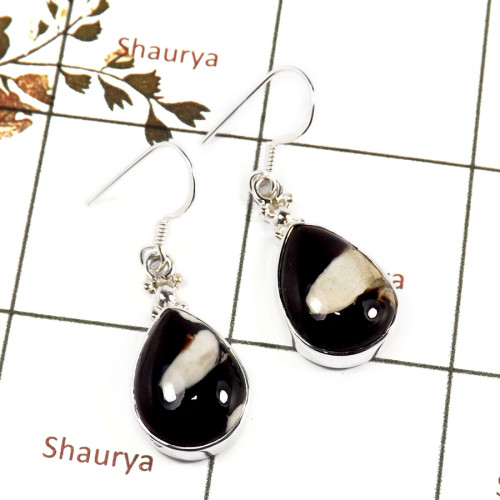 Peanut Wood Cab C - SPE873-Gorgeous Peanut Wood Gemstone Earrings 925 Sterling Silve