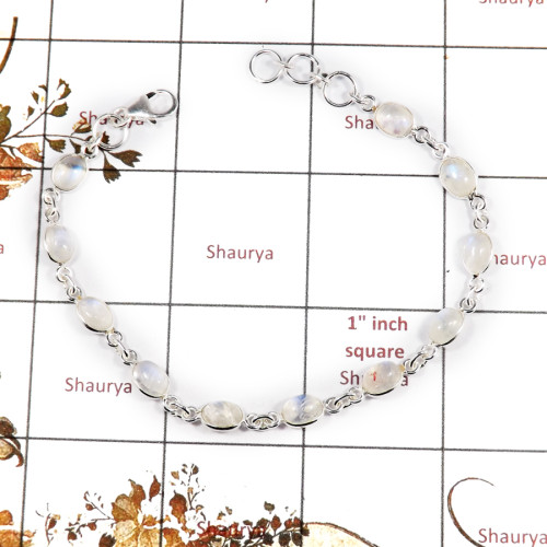 Rainbow Moonstone Cab B - SBB893-Exclusive New Design 925 Silver Bezel Bracelet Cab Gemsto
