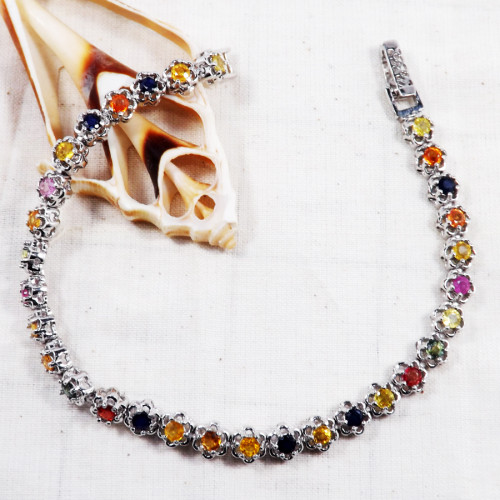 Multi Gemstone Cut B - SFJ922-Gorgeous Cab & Cut Gemstone 925 Silver Bracelet Handmade