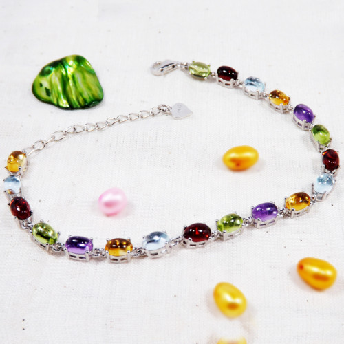 Amethyst, Citrine, Blue Topaz, Garnet & Peridot Cab C - SFJ922-Gorgeous Cab & Cut Gemstone 925 Silver Bracelet Handmade