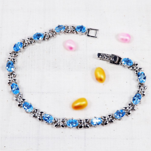 Blue Topaz Cut D - SFJ922-Gorgeous Cab & Cut Gemstone 925 Silver Bracelet Handmade