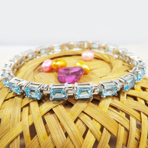 Blue Topaz Cut E - SFJ922-Gorgeous Cab & Cut Gemstone 925 Silver Bracelet Handmade