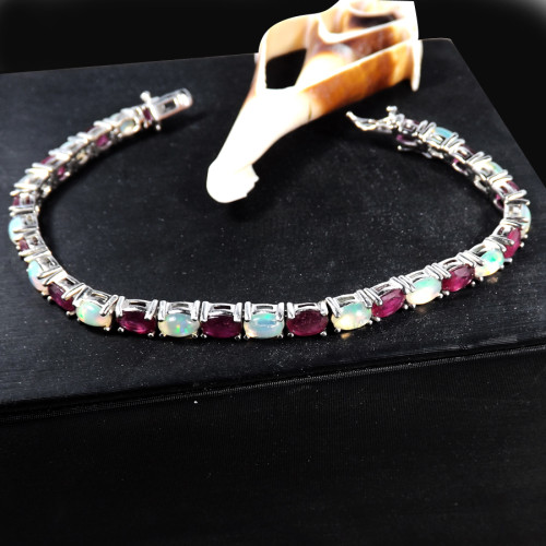 Ethiopian & Ruby Cut O - SFJ922-Gorgeous Cab & Cut Gemstone 925 Silver Bracelet Handmade