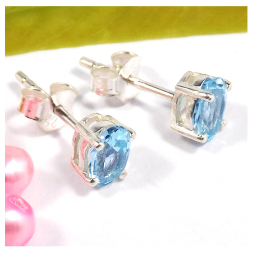 4x6mm Blue Topaz Cut D - SSE847-4x6mm Oval Cut Gemstone Stud Earrings 925 Sterling Silver Wholesale Collection