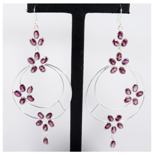 Rhodolite Garnet Cut A - BZE716-Party Wear 925 Sterling Silver Bezel Long Earrings Cut & Cab Gemstone Handmade Collection