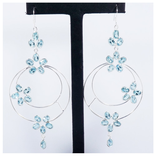 Blue Topaz Cut B - BZE716-Party Wear 925 Sterling Silver Bezel Long Earrings Cut & Cab Gemstone Handmade Collection