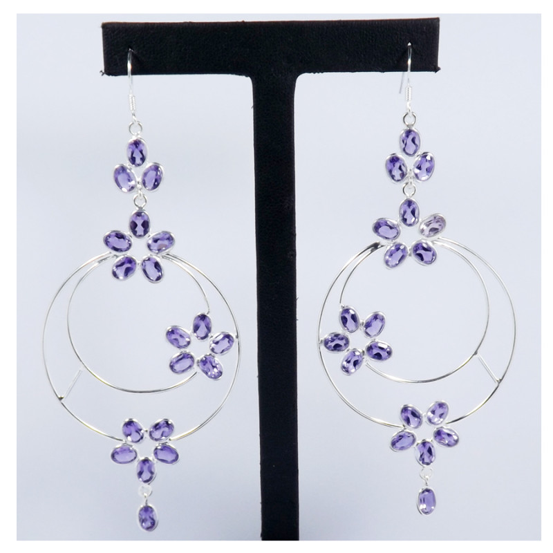 Amethyst Cut D - BZE716-Party Wear 925 Sterling Silver Bezel Long Earrings Cut & Cab Gemstone Handmade Collection