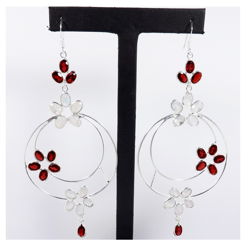 Garnet & Rainbow Moonstone Cut E - BZE716-Party Wear 925 Sterling Silver Bezel Long Earrings Cut & Cab Gemstone Handmade Collect