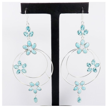 Larimar & Blue Topaz Cut F - BZE716-Party Wear 925 Sterling Silver Bezel Long Earrings Cut & Cab Gemstone Handmade Collection