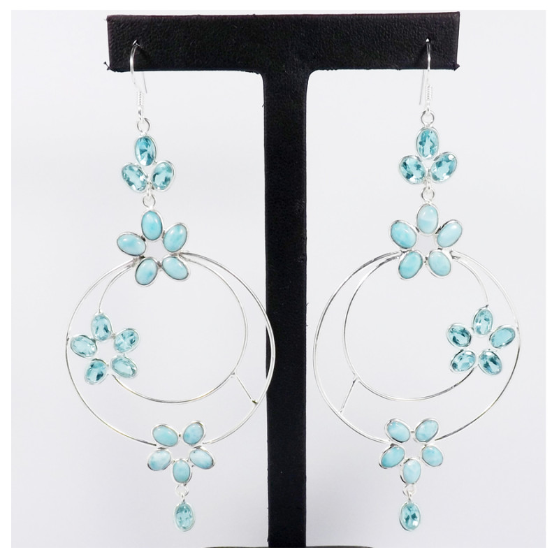 Larimar & Blue Topaz Cut F - BZE716-Party Wear 925 Sterling Silver Bezel Long Earrings Cut & Cab Gemstone Handmade Collection