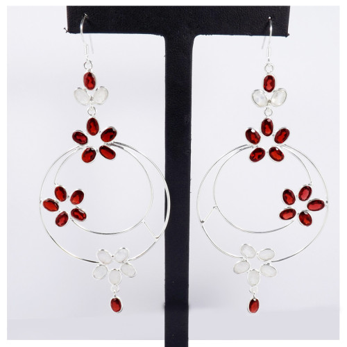Garnet & Rainbow Moonstone Cut G - BZE716-Party Wear 925 Sterling Silver Bezel Long Earrings Cut & Cab Gemstone Handmade Collect
