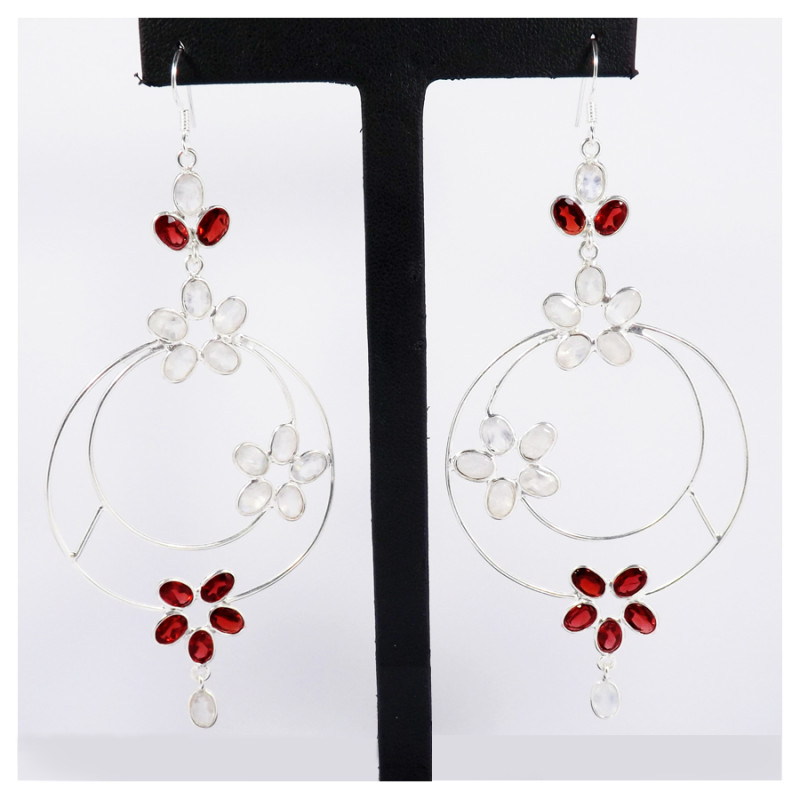 Rainbow Moonstone & Garnet Cut I - BZE716-Party Wear 925 Sterling Silver Bezel Long Earrings Cut & Cab Gemstone Handmade Collect