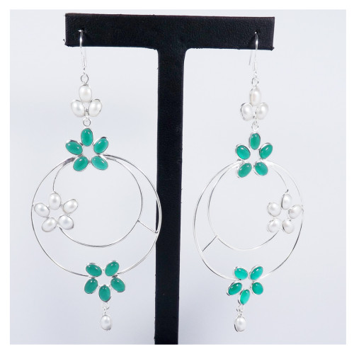 Green Onyx & Pearl Cab J - BZE716-Party Wear 925 Sterling Silver Bezel Long Earrings Cut & Cab Gemstone Handmade Collection