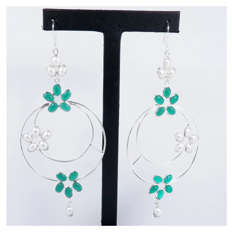 Green Onyx & Pearl Cab J - BZE716-Party Wear 925 Sterling Silver Bezel Long Earrings Cut & Cab Gemstone Handmade Collection Green Onyx & Pearl Cab J - BZE716-Party Wear 925 Sterling Silver Bezel Long Earrings Cut & Cab Gemstone Handmade Collection