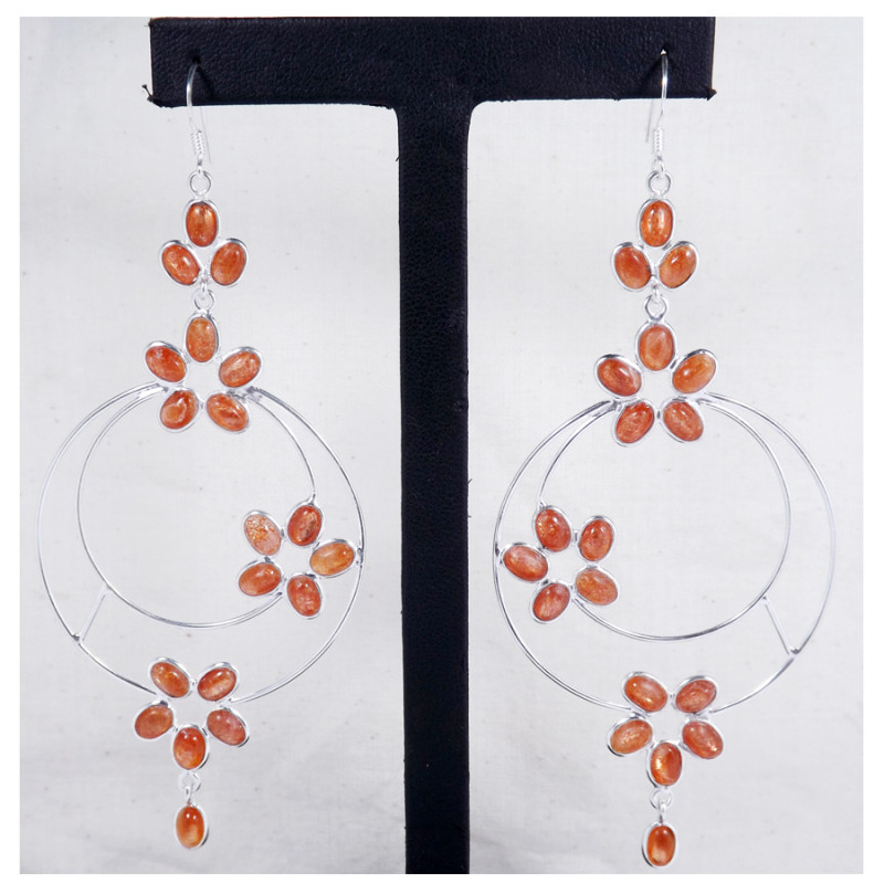 Sunstone Cab K - BZE716-Party Wear 925 Sterling Silver Bezel Long Earrings Cut & Cab Gemstone Handmade Collection
