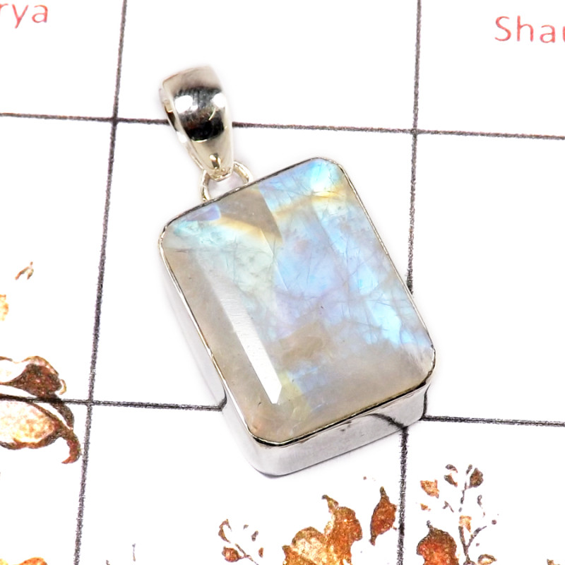 Rainbow Moonstone Cut B - ISP662-Rainbow Moonstone 925 Silver Plain Setting Pendant Handmade Cut Gemstone