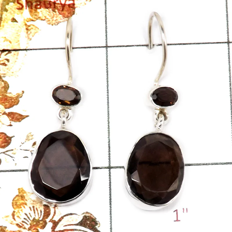 Smokey Cut A - SPE859-Solid 925 Sterling Silver Plain Setting Earrings Faceted Cut Gemstone Handmade Collection Smokey Cut A - SPE859-Solid 925 Sterling Silver Plain Setting Earrings Faceted Cut Gemstone Handmade Collection