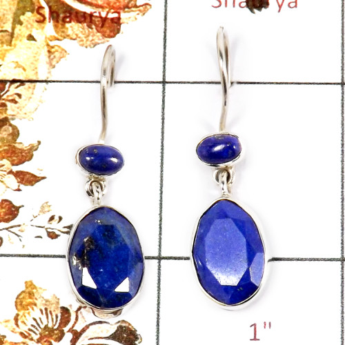 Lazuli Lapis Cut C - SPE859-Solid 925 Sterling Silver Plain Setting Earrings Faceted Cut Gemstone Handmade Collection