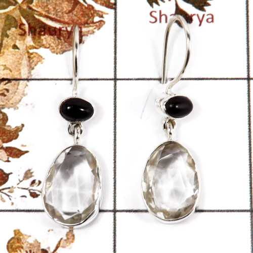 Crystal Cut & Black Onyx Cab D - SPE859-Solid 925 Sterling Silver Plain Setting Earrings Faceted Cut Gemstone Handmade Collectio