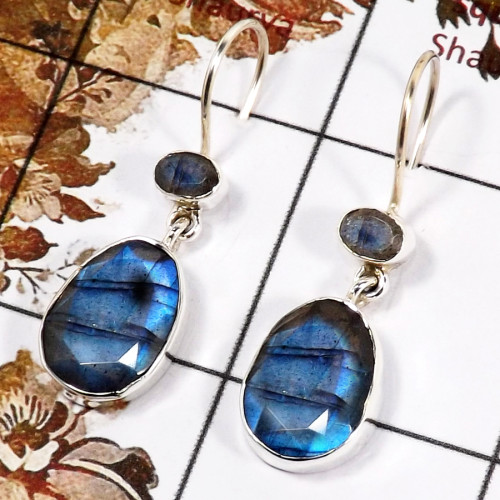 Labradorite Cut O - SPE859-Solid 925 Sterling Silver Plain Setting Earrings Faceted Cut Gemstone Handmade Collection