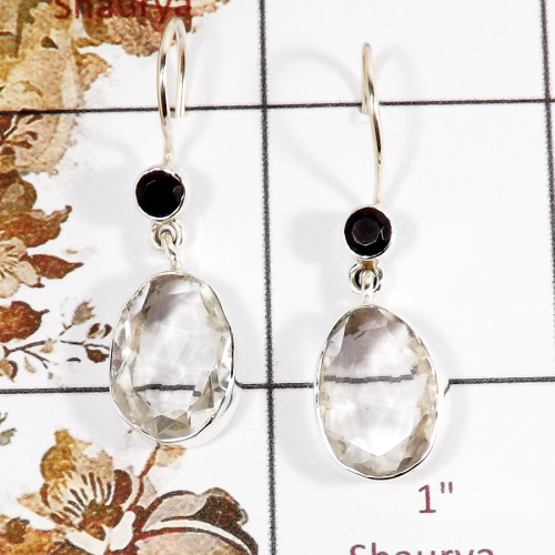 Crystal & Black Onyx Cut A - SPE858-Party Wear Look Faceted Cut Gemstone Earrings 925 Silver Plain Setting Handmade India