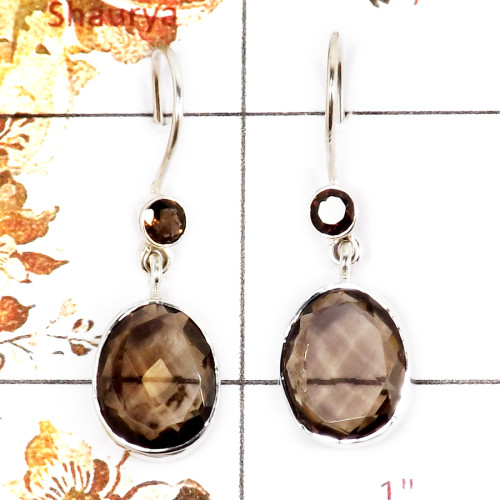 Smokey Cut C - SPE858-Party Wear Look Faceted Cut Gemstone Earrings 925 Silver Plain Setting Handmade India